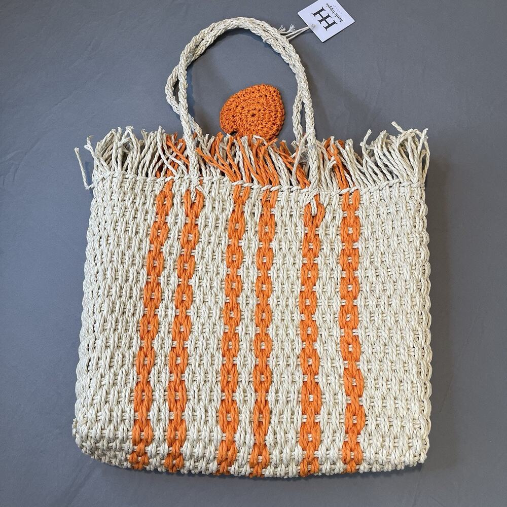 NWT Haute Hippie Beige & Orange Stripe Raffia Straw Tote Bag w/ Heart Keychain - Picture 2 of 4